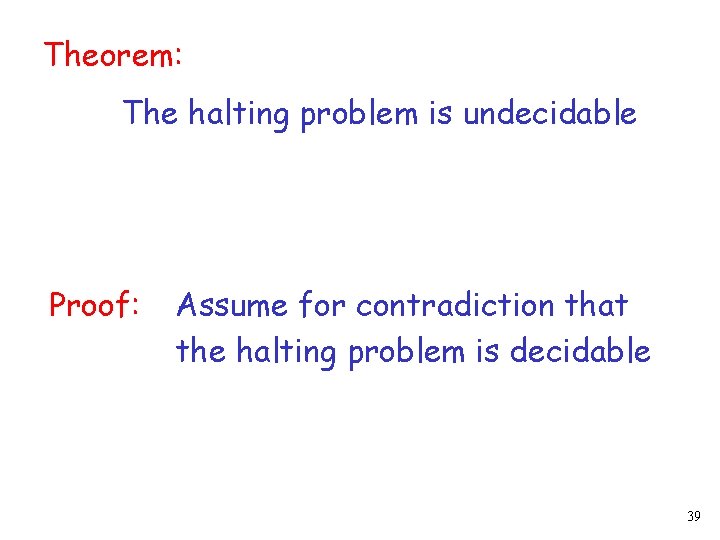 Theorem: The halting problem is undecidable Proof: Assume for contradiction that the halting problem