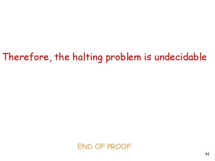 Therefore, the halting problem is undecidable END OF PROOF 44 