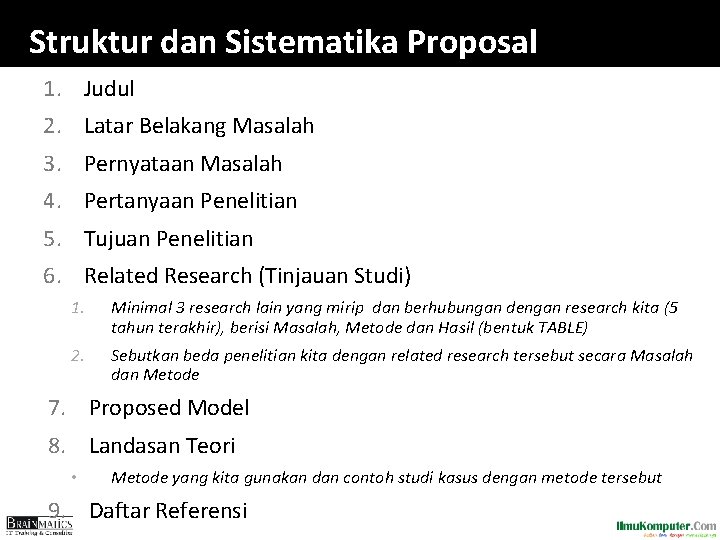 Struktur dan Sistematika Proposal 1. Judul 2. Latar Belakang Masalah 3. Pernyataan Masalah 4. Struktur dan Sistematika Proposal 1. Judul 2. Latar Belakang Masalah 3. Pernyataan Masalah 4.