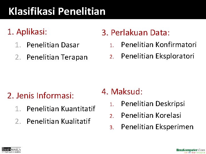 Klasifikasi Penelitian 1. Aplikasi: 3. Perlakuan Data: 1. Penelitian Dasar 1. 2. Penelitian Terapan Klasifikasi Penelitian 1. Aplikasi: 3. Perlakuan Data: 1. Penelitian Dasar 1. 2. Penelitian Terapan