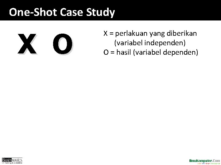 One-Shot Case Study X O X = perlakuan yang diberikan (variabel independen) O = One-Shot Case Study X O X = perlakuan yang diberikan (variabel independen) O =