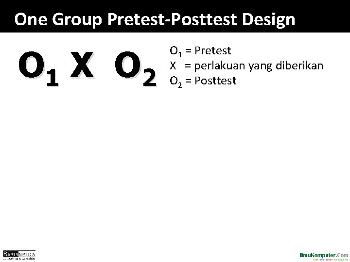 One Group Pretest-Posttest Design O 1 X O 2 O 1 = Pretest X One Group Pretest-Posttest Design O 1 X O 2 O 1 = Pretest X