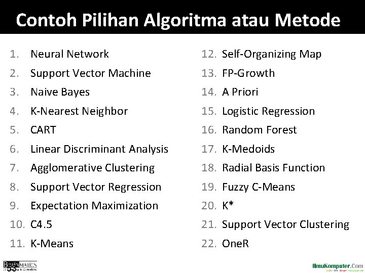 Contoh Pilihan Algoritma atau Metode 1. Neural Network 12. Self-Organizing Map 2. Support Vector Contoh Pilihan Algoritma atau Metode 1. Neural Network 12. Self-Organizing Map 2. Support Vector