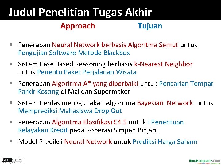 Judul Penelitian Tugas Akhir Approach Tujuan § Penerapan Neural Network berbasis Algoritma Semut untuk Judul Penelitian Tugas Akhir Approach Tujuan § Penerapan Neural Network berbasis Algoritma Semut untuk