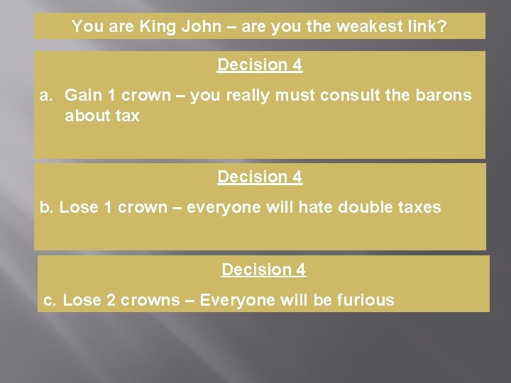 You are King John – are you the weakest link? Decision 4 a. Gain