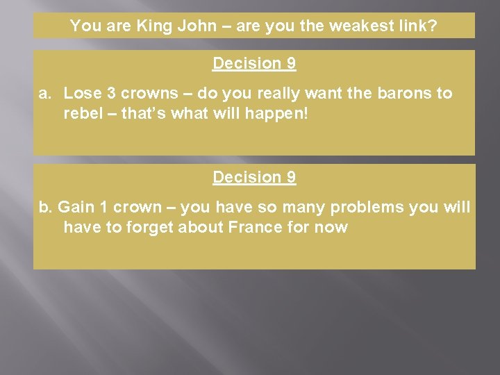 You are King John – are you the weakest link? Decision 9 a. Lose