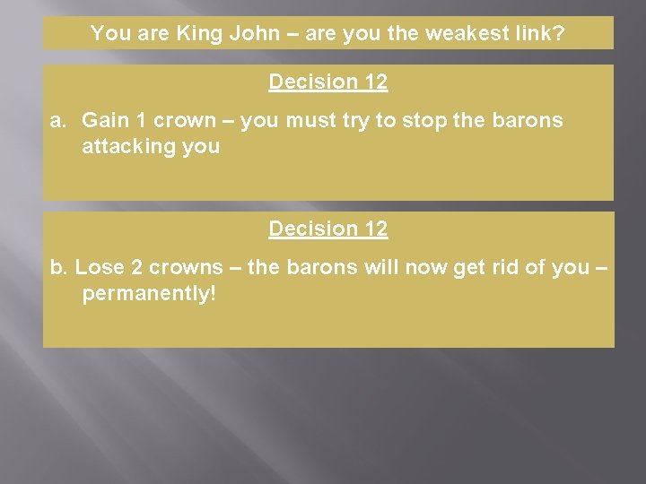 You are King John – are you the weakest link? Decision 12 a. Gain