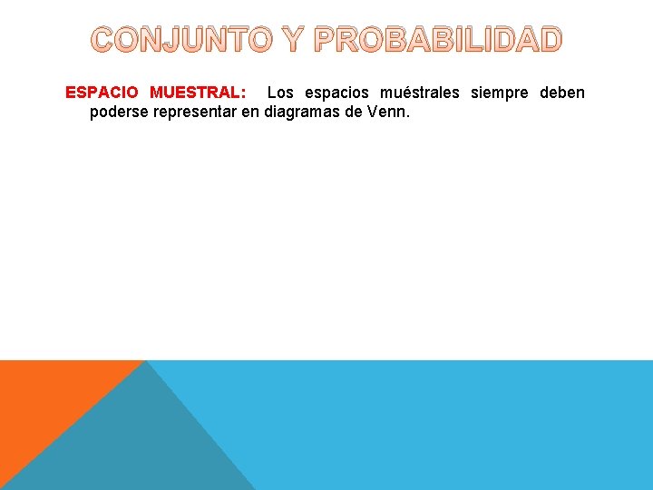 CONJUNTO Y PROBABILIDAD ESPACIO MUESTRAL: Los espacios muéstrales siempre deben poderse representar en diagramas CONJUNTO Y PROBABILIDAD ESPACIO MUESTRAL: Los espacios muéstrales siempre deben poderse representar en diagramas