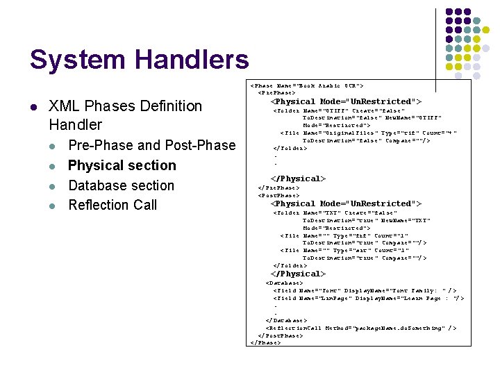 System Handlers <Phase Name="Book Arabic OCR"> <Pre. Phase> l XML Phases Definition Handler l