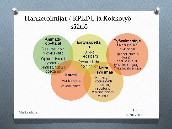 Hanketoimijat / KPEDU ja Kokkotyösäätiö Ammattiopettajat Resurssi noin 1 ov/tutkinto Opinnollistami styöhön on osallistunut