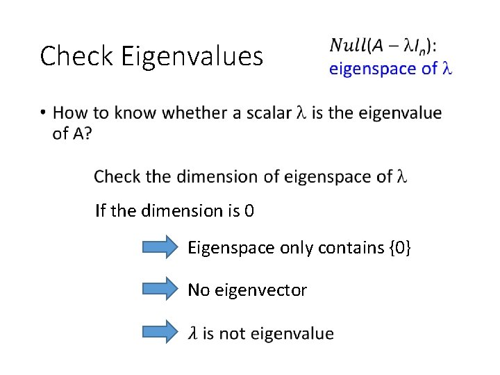 Check Eigenvalues • If the dimension is 0 Eigenspace only contains {0} No eigenvector