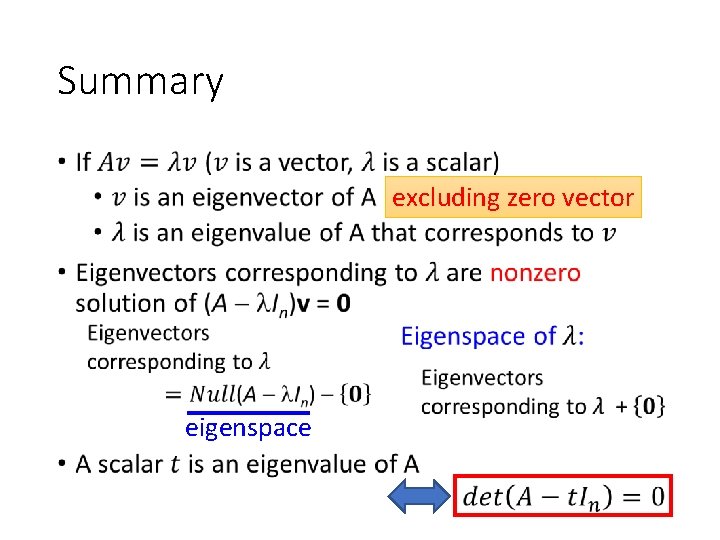 Summary • excluding zero vector eigenspace 