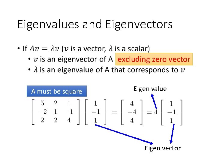 Eigenvalues and Eigenvectors • excluding zero vector A must be square Eigen value Eigen