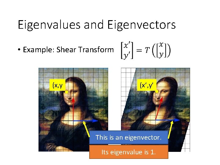 Eigenvalues and Eigenvectors • Example: Shear Transform (x, y ) (x’, y’ ) This
