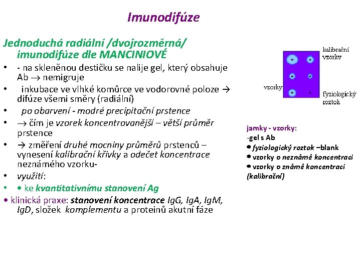 Imunodifúze Jednoduchá radiální /dvojrozměrná/ imunodifúze dle MANCINIOVÉ • - na skleněnou destičku se nalije