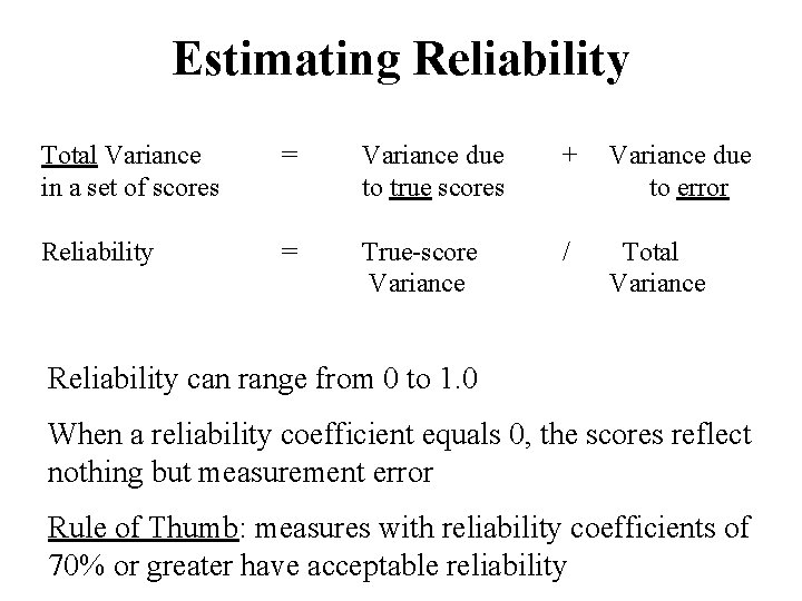 Estimating Reliability Total Variance in a set of scores = Variance due to true