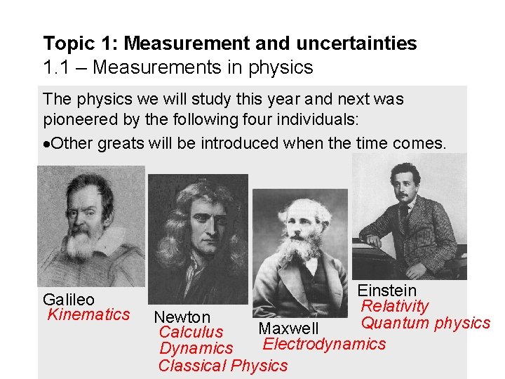 Topic 1: Measurement and uncertainties 1. 1 – Measurements in physics The physics we Topic 1: Measurement and uncertainties 1. 1 – Measurements in physics The physics we