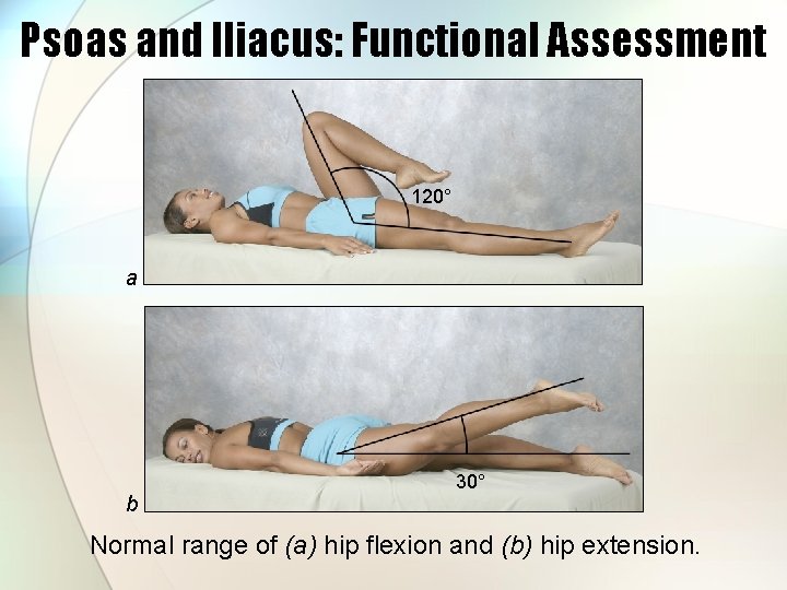Psoas and Iliacus: Functional Assessment 120° a b 30° Normal range of (a) hip
