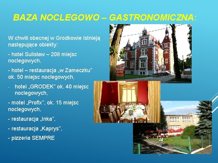 BAZA NOCLEGOWO – GASTRONOMICZNA: W chwili obecnej w Grodkowie istnieją następujące obiekty: - hotel