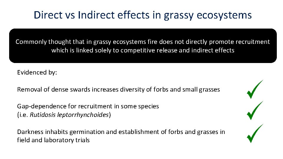 Direct vs Indirect effects in grassy ecosystems Commonly thought that in grassy ecosystems fire