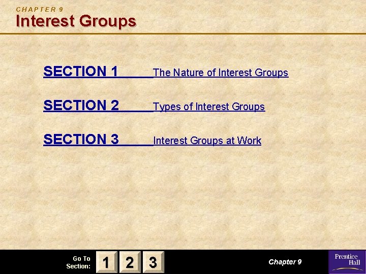 CHAPTER 9 Interest Groups SECTION 1 The Nature of Interest Groups SECTION 2 Types