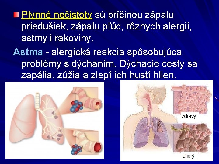 Plynné nečistoty sú príčinou zápalu priedušiek, zápalu pľúc, rôznych alergii, astmy i rakoviny. Astma