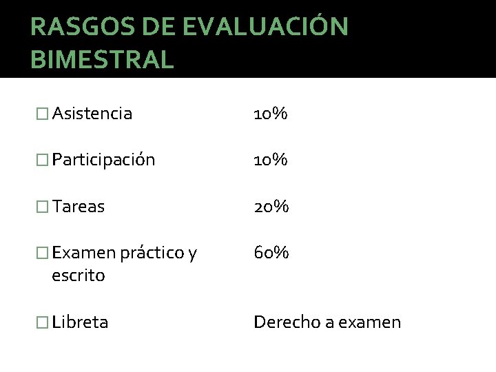 RASGOS DE EVALUACIÓN BIMESTRAL � Asistencia 10% � Participación 10% � Tareas 20% � RASGOS DE EVALUACIÓN BIMESTRAL � Asistencia 10% � Participación 10% � Tareas 20% �
