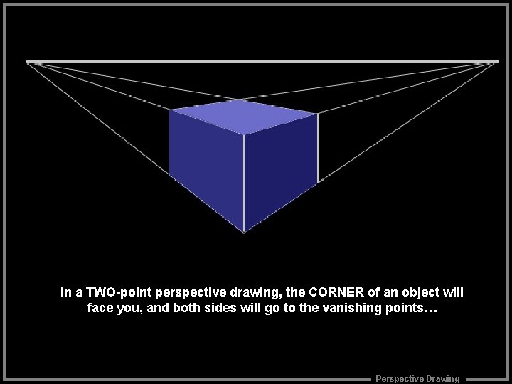 In a TWO-point perspective drawing, the CORNER of an object will face you, and In a TWO-point perspective drawing, the CORNER of an object will face you, and