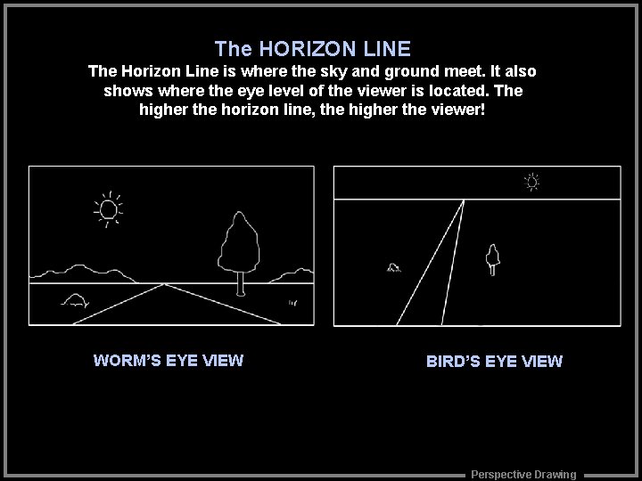 The HORIZON LINE The Horizon Line is where the sky and ground meet. It The HORIZON LINE The Horizon Line is where the sky and ground meet. It