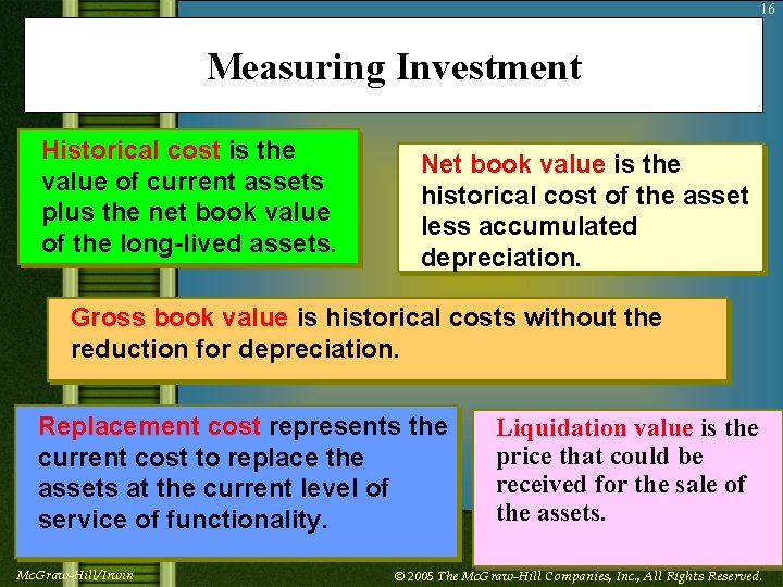 16 Measuring Investment Historical cost is the value of current assets plus the net