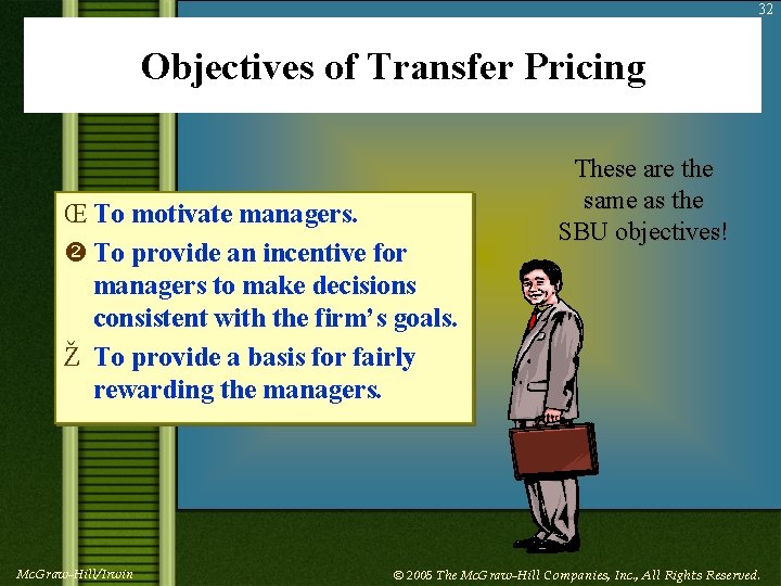 32 Objectives of Transfer Pricing Œ To motivate managers. To provide an incentive for