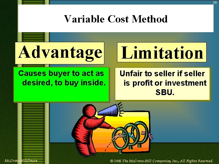 34 Variable Cost Method Advantage Limitation Causes buyer to act as desired, to buy