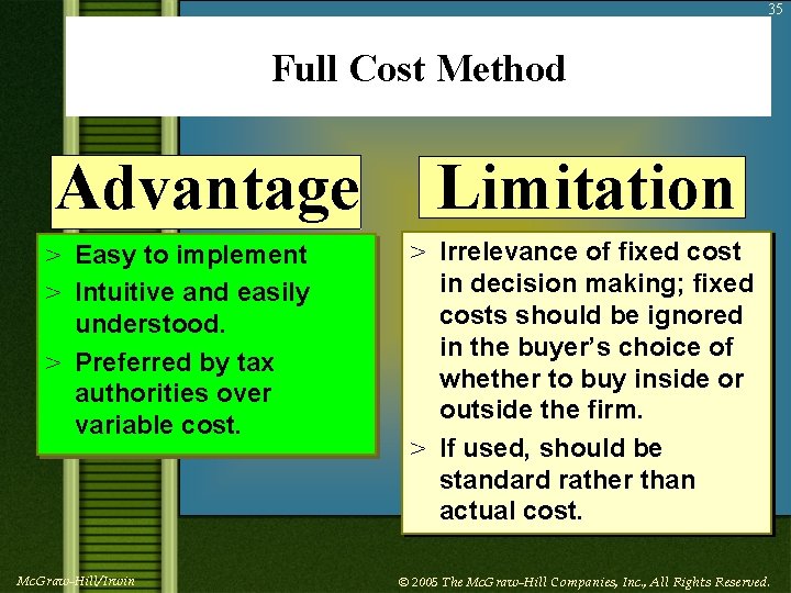 35 Full Cost Method Advantage > Easy to implement > Intuitive and easily understood.