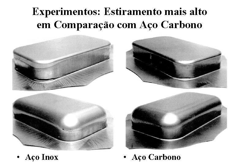 Experimentos: Estiramento mais alto em Comparação com Aço Carbono • Aço Inox • Aço