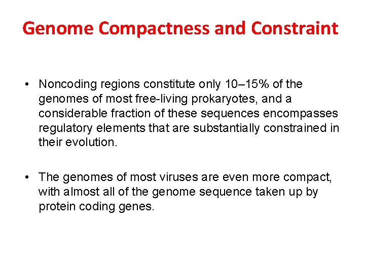 Genome Compactness and Constraint • Noncoding regions constitute only 10– 15% of the genomes