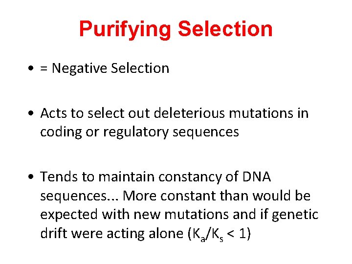 Purifying Selection • = Negative Selection • Acts to select out deleterious mutations in