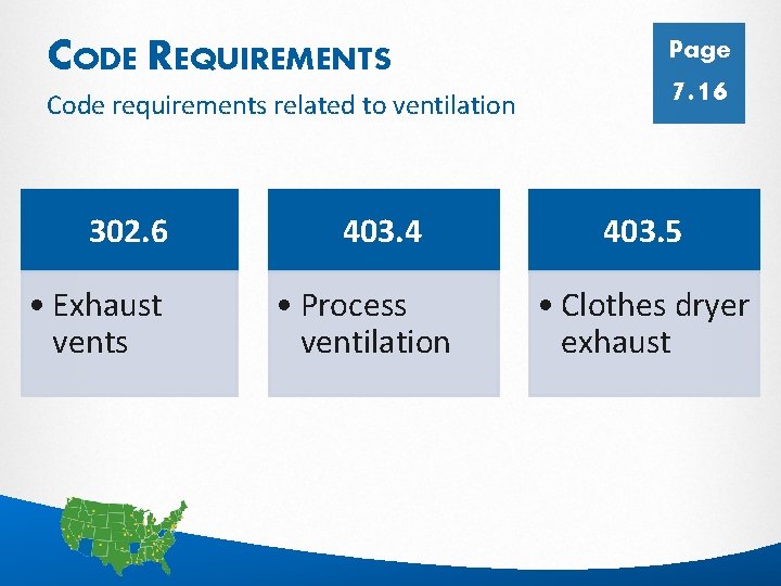 CODE REQUIREMENTS Code requirements related to ventilation 302. 6 • Exhaust vents 403. 4