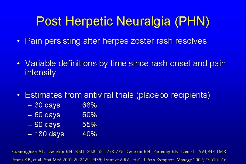Post Herpetic Neuralgia (PHN) • Pain persisting after herpes zoster rash resolves • Variable