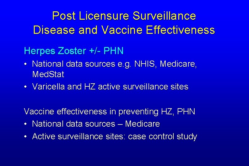 Post Licensure Surveillance Disease and Vaccine Effectiveness Herpes Zoster +/- PHN • National data