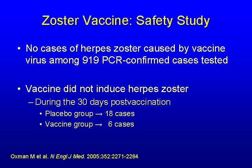 Zoster Vaccine: Safety Study • No cases of herpes zoster caused by vaccine virus