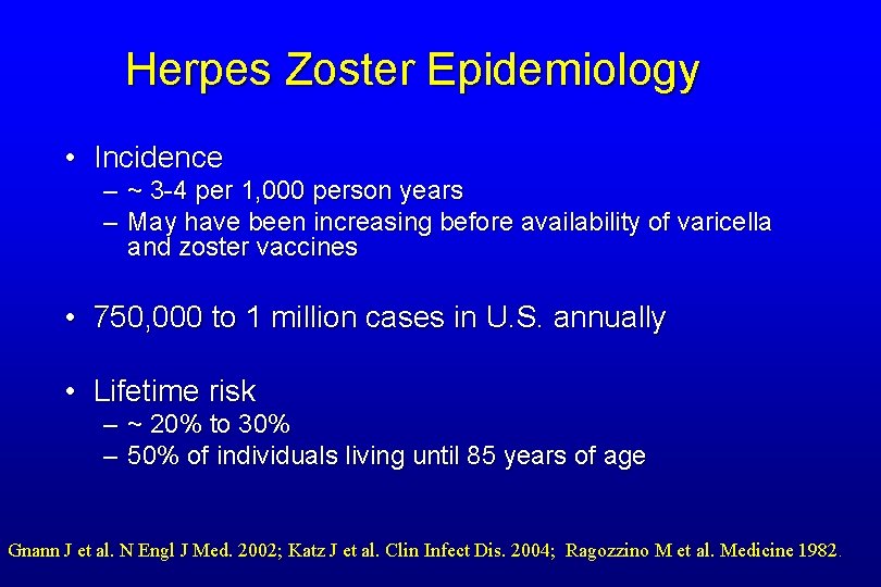 Herpes Zoster Epidemiology • Incidence – – ~ 3 -4 per 1, 000 person
