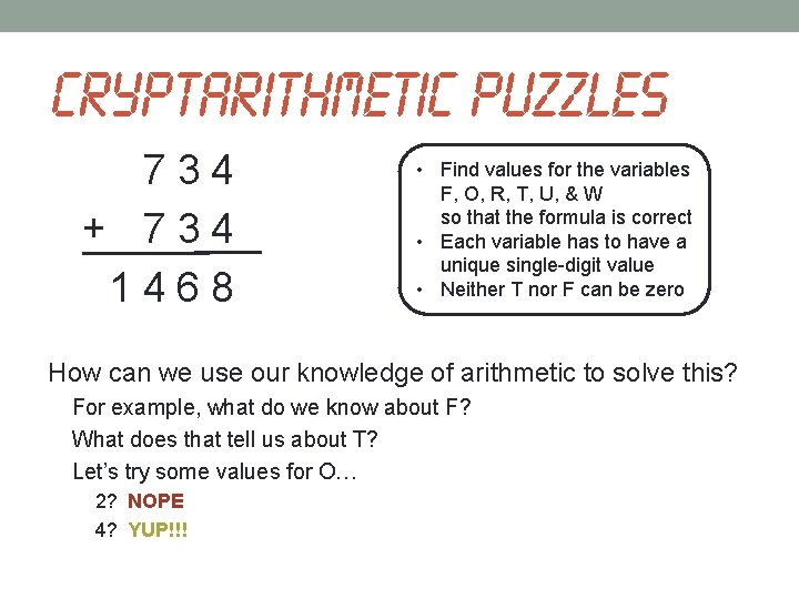 Cryptarithmetic puzzles 7 3 4 + 7 3 4 1 4 6 8 •