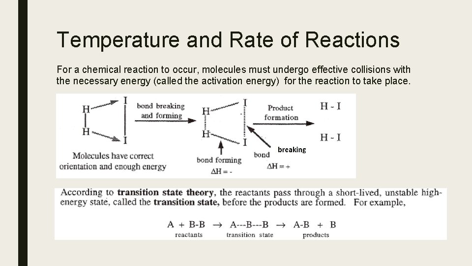 Temperature and Rate of Reactions For a chemical reaction to occur, molecules must undergo