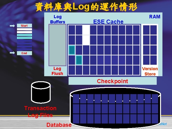 資料庫與Log的運作情形 Start Log Buffers ESE Cache RAM End Log Flush ， Version Store Checkpoint