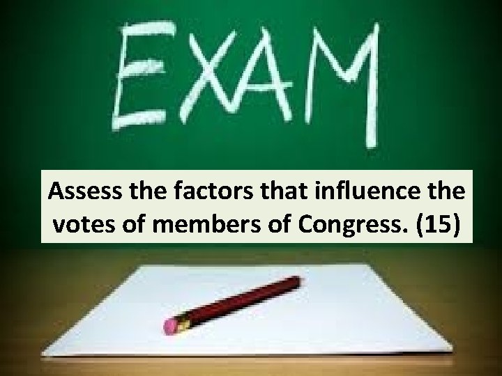 Assess the factors that influence the votes of members of Congress. (15) 