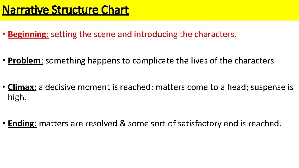 Narrative Structure Chart • Beginning: setting the scene and introducing the characters. • Problem: