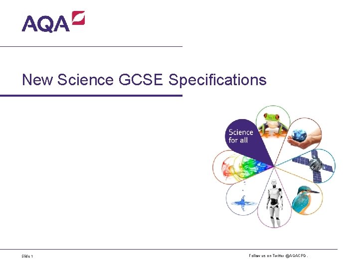 New Science GCSE Specifications Slide 1 Follow us on Twitter @AQACPD. 