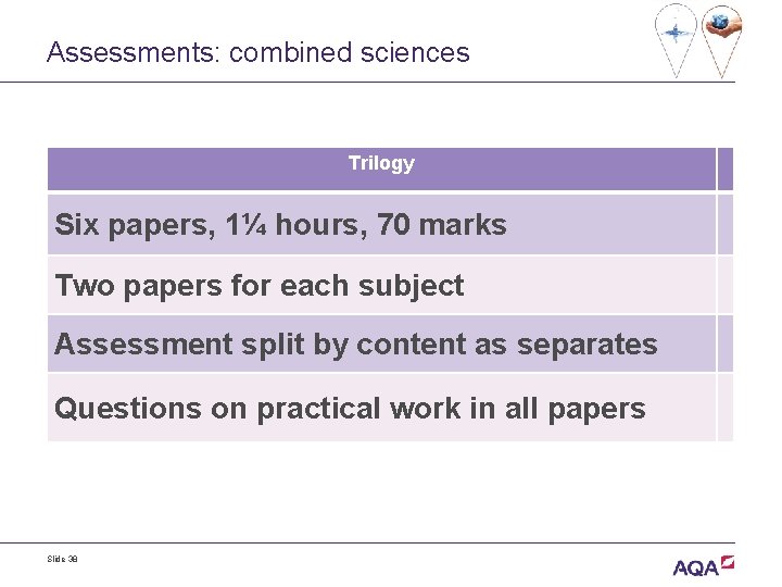 Assessments: combined sciences Trilogy Six papers, 1¼ hours, 70 marks Two papers for each
