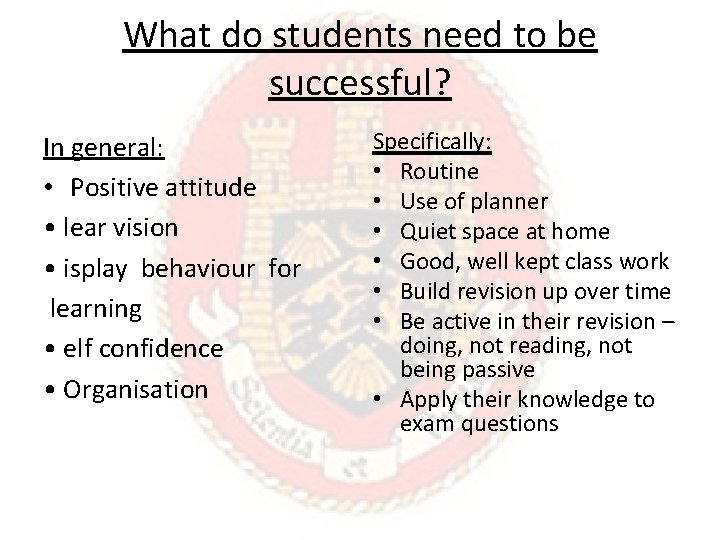 What do students need to be successful? In general: • Positive attitude •  lear
