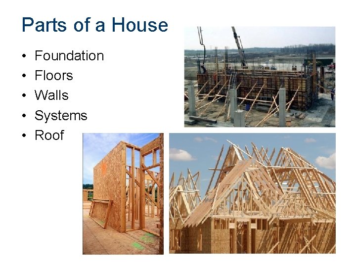 Parts of a House • • • Foundation Floors Walls Systems Roof 
